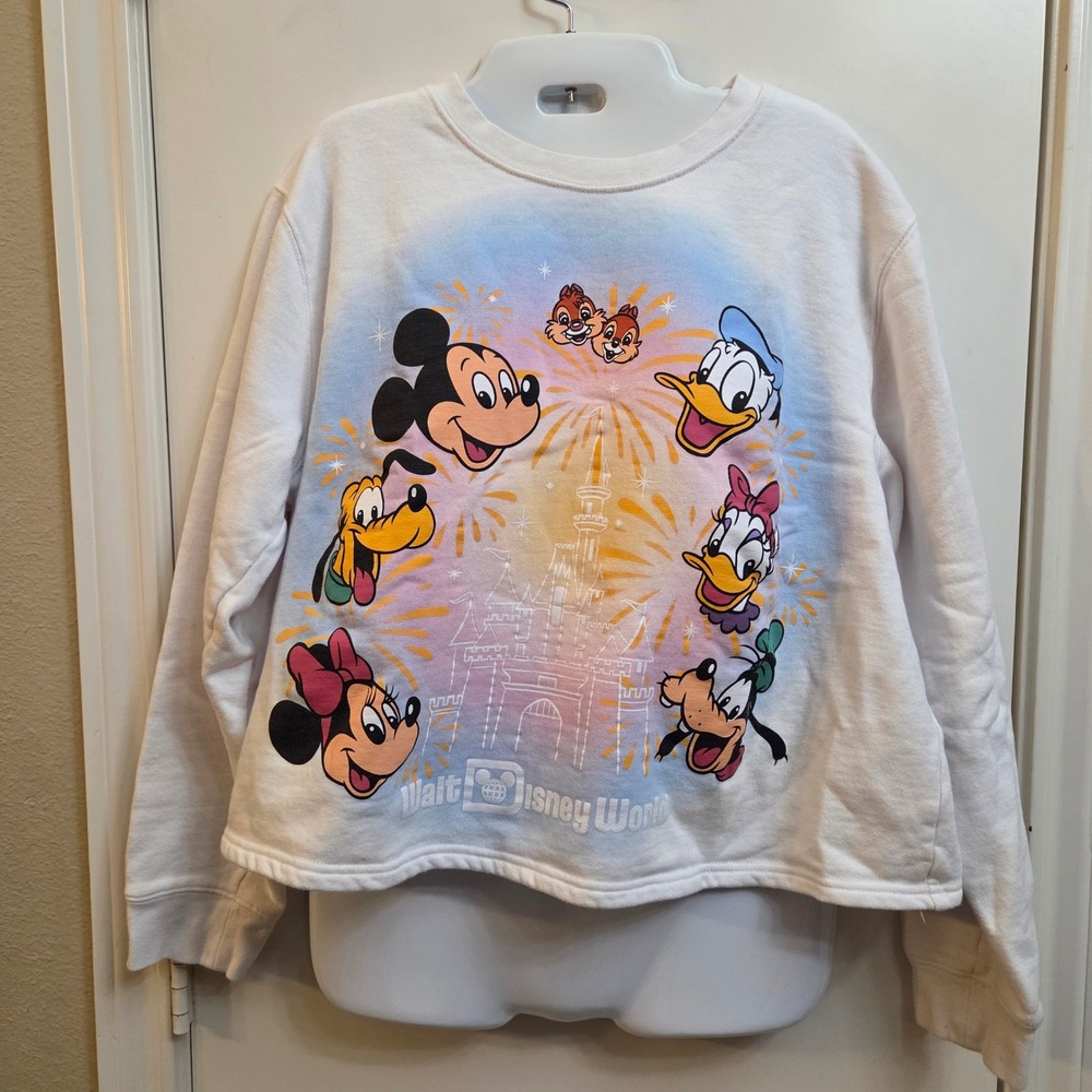 Disney World Mickey & Friends Cropped Sweatshirt White XL 100% Cotton Pullover